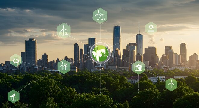 Smart City Skyline with Green Energy Network Overlay Sustainable Urban Development Concept at Sunset.