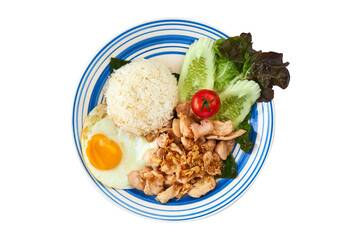 Stir-Fried Pork with Garlic and Rice – Thai Style Meal with Fried Egg Isolated on White with Clipping Path