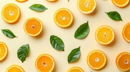 Creative summer design featuring oranges and green leaves on a soft yellow background