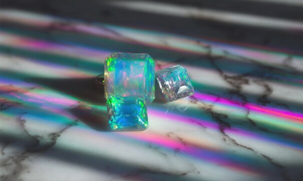 Modern Authentic Opalite Jewelry on Marble with Rainbow Light Calm Aesthetic for Premium Lifestyle Marketing