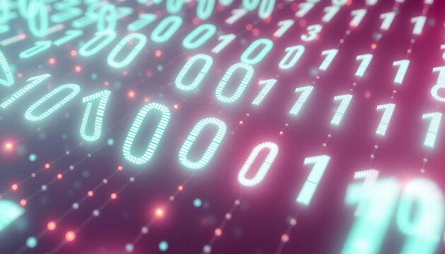 Binary Code and Technology: The image features a captivating close-up of binary code elegantly glowing, symbolizing the core of modern technological innovation and data processing. 