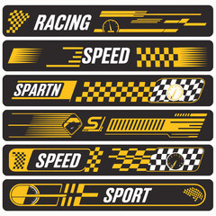 Naklejka premium Racing Championship Sticker and Decal Vector Pack – Sport-inspired emblems, tuning stripes, and checkered flag graphics for motorcycles, bicycles, and car racing design themes.