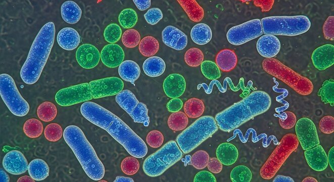 Colorful bacteria cells microbiology science health research infection disease germs organism microbe 100x