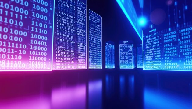 Digital Data Landscape: A futuristic view of a digital landscape, showcasing glowing data towers amidst a sea of binary code, illuminating the essence of technological innovation.