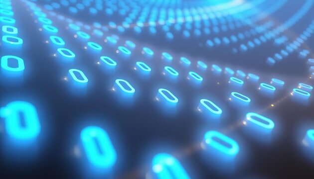Digital Data Stream: An abstract view of flowing binary code, represented by glowing zeros and ones, symbolizing the interconnectedness of information and data processing in the digital realm. 