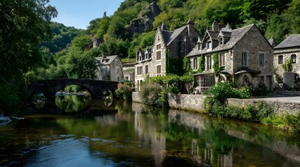 Obraz premium Old stone houses line the bank of a river spanned by an arched stone bridge in a lush valley setting