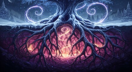 Magical Winter Tree with Glowing Roots and Spirals in a Fantasy Landscape Scenery