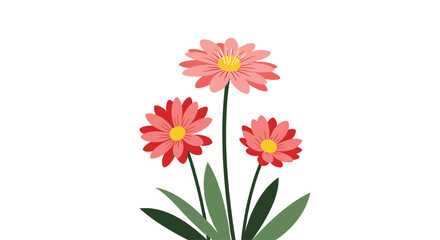 Fototapeta premium Vibrant pink and red daisy-like flowers with green stems and leaves, illustrated in a charming flat style on a white background.