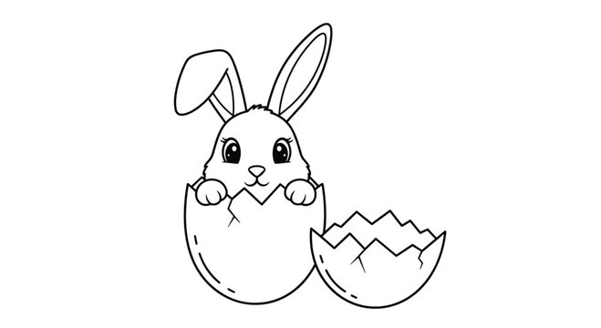 Cute black and white line art of a baby Easter bunny emerging from a broken egg, ideal for a coloring page.