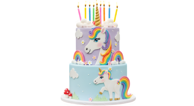 Two-Tier Unicorn Birthday Cake with Rainbows and Lit Candles Isolated on Black - Magical Children's Party Dessert - Powered by Adobe