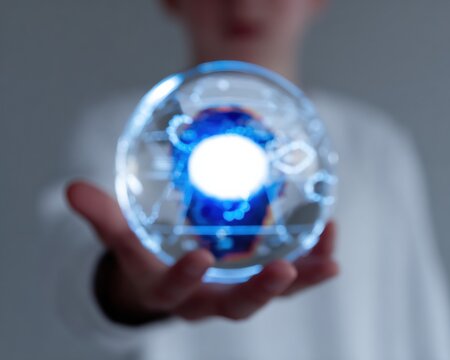 Modern Digital Integration Human Hand Presenting Glowing Globe for Professional Cloud Service and Automation Marketing Content