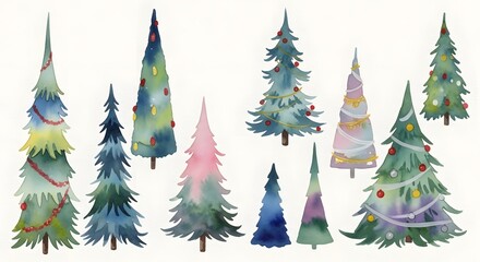 A whimsical collection of stylized Christmas trees painted in a colorful watercolor style on a white background. Christmas Theme
