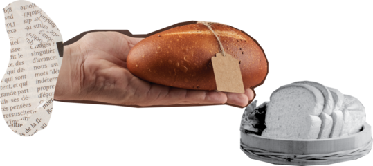 hand holding warm bread art collage