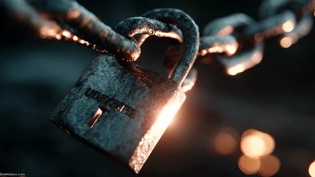 Close-up of a rusty padlock on a chain glimmering