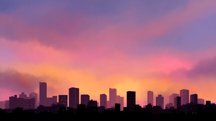 Silhouetted urban skyline dramatically contrasts against a vibrant sunset or sunrise sky