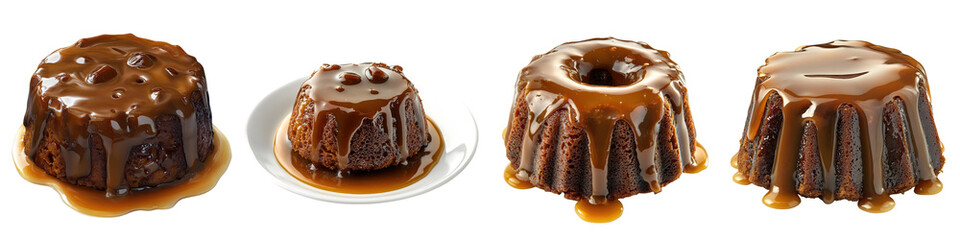 Sticky toffee pudding – A rich moist sponge cake made with dates and covered in caramel sauce. Isolated on Clear White Background Highly Detailed 