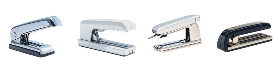 Stapler – A device used to fasten sheets of paper together by driving a metal clasp through the pages. Isolated on Clear White Background Highly Detailed 
