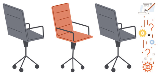Three swivel office chairs, one highlighted, with scattered question marks, gears, puzzle pieces, and clipboard. Ideal for leadership, recruitment, brainstorming problem-solving choice teamwork