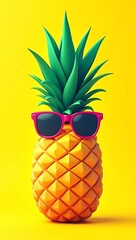 Stylized pineapple with sunglasses placed on a solid yellow background, symbolizing summer fun and vacation vibes in a playful minimal style.