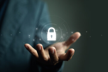 Cybersecurity concept with digital padlock icon floating above businessman hand, data protection, online privacy, secure access, information safety technology, and internet network security system.