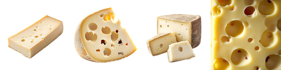 Swiss cheese – A mild, semi-soft cheese with characteristic holes, often used in sandwiches and fondue. Isolated on Clear White Background Highly Detailed