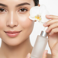 Asian Young Model Woman With Skincare Bottle Mockup, With a Touch of Natural Flower