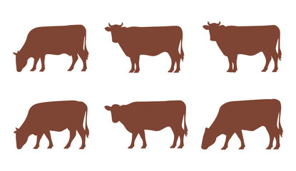 Set of Six Brown Cow Silhouettes Vector Icons