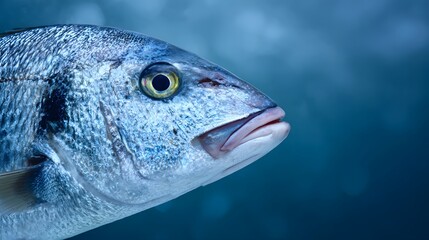 Detailed close up showcases the profile of a silvery fish swimming in dark blue water