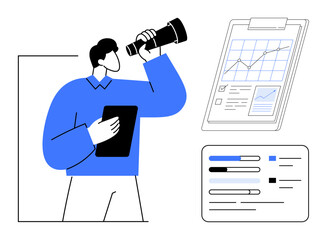 Man analyzing business trends with a tablet and telescope, next to reports and dashboards. Ideal for strategy, analytics, management, forecasting, planning, productivity growth. Simple flat metaphor