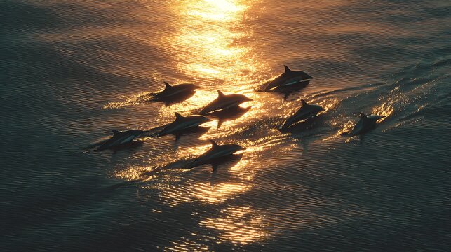 A pod of dolphins swimming in the ocean at sunset with golden light reflecting on the water surface