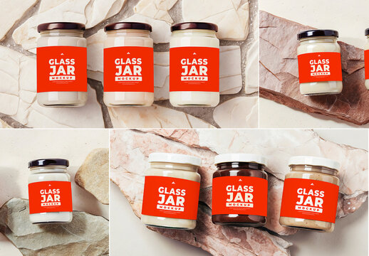 Set of Small Glass Jars Mockups with Lids on Marble or Wood Background