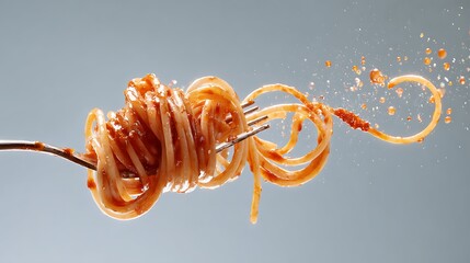 Spaghetti with red sauce twirled on a fork with sauce droplets against a light blue background