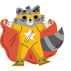 Cute Cartoon Raccoon Superhero Wearing A Yellow Suit Red Cape And Mask With Star Emblem In A Playful Pose