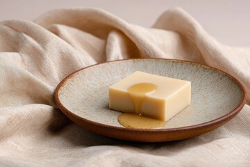 Mini Ceramic Plate with Dripping Water and Rice Husk on Soft Fabric