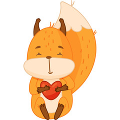 Cute Cartoon Squirrel Holding a Red Heart with Closed Eyes and a Happy Expression on a Transparent Background