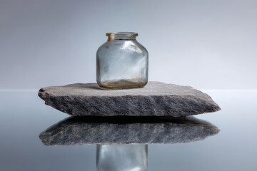 Glass Jar Resting on Uneven Stone Base Beside Tiny Reflective Pond