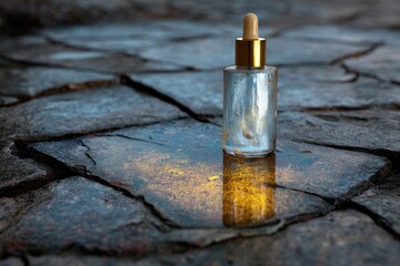 Glowing Serum Bottle on Cracked Concrete Stone with Water Puddle