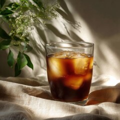 Cold Brew Coffee Glass with Ice on Rough Linen Surface and Shadows