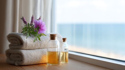 Relaxing Spa Setup with Tropical Flowers and Herbal Oils Near Sea