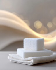 Soft White Cotton Pads and Sponges Artfully Arranged with Blur Wave