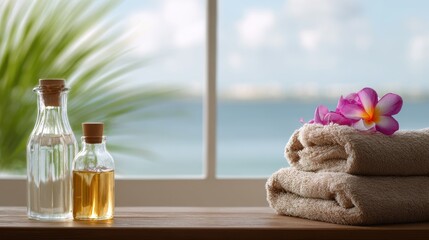 Relaxing Tropical Spa Setup with Towels and Herbal Oils Near the Sea