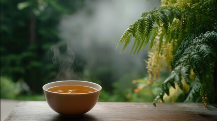 Tranquil Jasmine Tea in a Serene Foggy Setting with Ferns