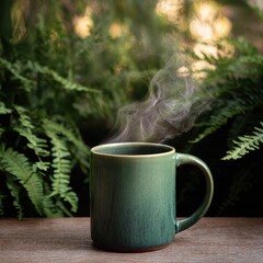 Soft Green Mug with Vapor Rising Amidst Lush Forest Background
