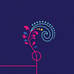 A modern abstract graphic illustration showcasing a stylized botanical element with graceful swirls, vibrant dots, and minimalist lines on a dark blue background, perfect for contemporary design.