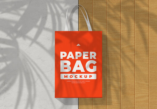 Standing Paper Bag Mockup with Handle and Realistic Palm Leaf Shadow Overlay
