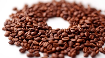 Fototapeta premium Roasted brown coffee beans are arranged in a circular pattern on a clean white surface.