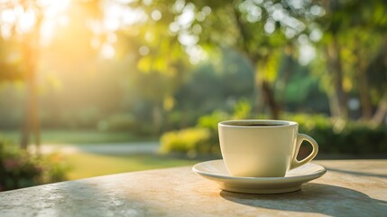 Ceramic cup filled with hot beverage rests on a textured surface outdoors during bright morning sunlight