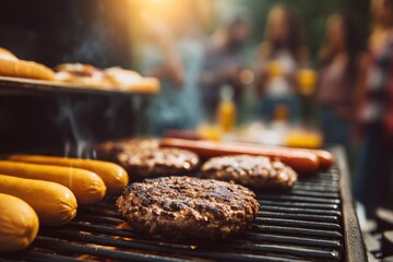Barbecue grilling burgers and hotdogs outdoors