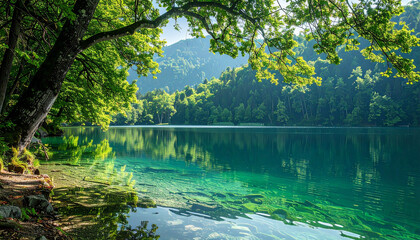 A beautiful, sunlit landscape featuring an exceptionally clear lake with brilliant turquoise water. The shore is lined with lush green trees and forested hillsides.