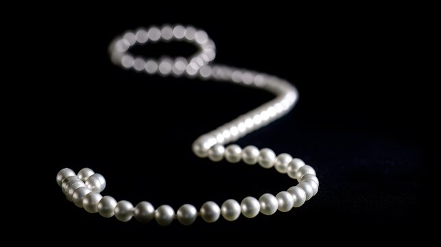 luster. A single strand of pearls arranged in curves on black velvet with soft lighting. lifestyle magazines, social media lookbooks, designed for lifestyle magazines and social media content.